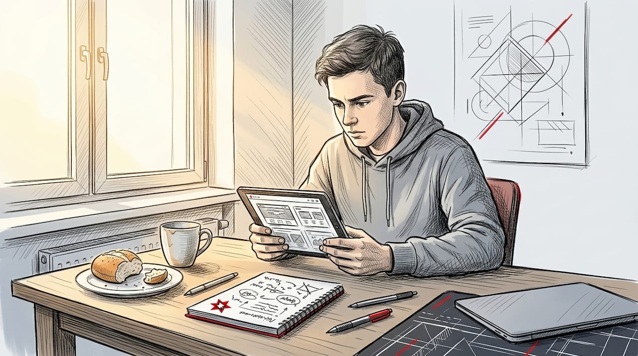 Student przegląda swoje portfolio online, siedząc przy kuchennym stole.