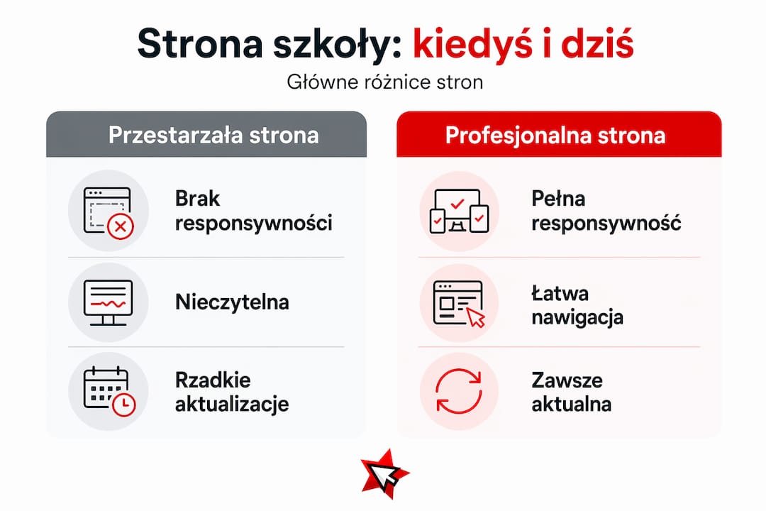 Infografika pokazująca różnice między dawnymi a nowoczesnymi stronami internetowymi szkół