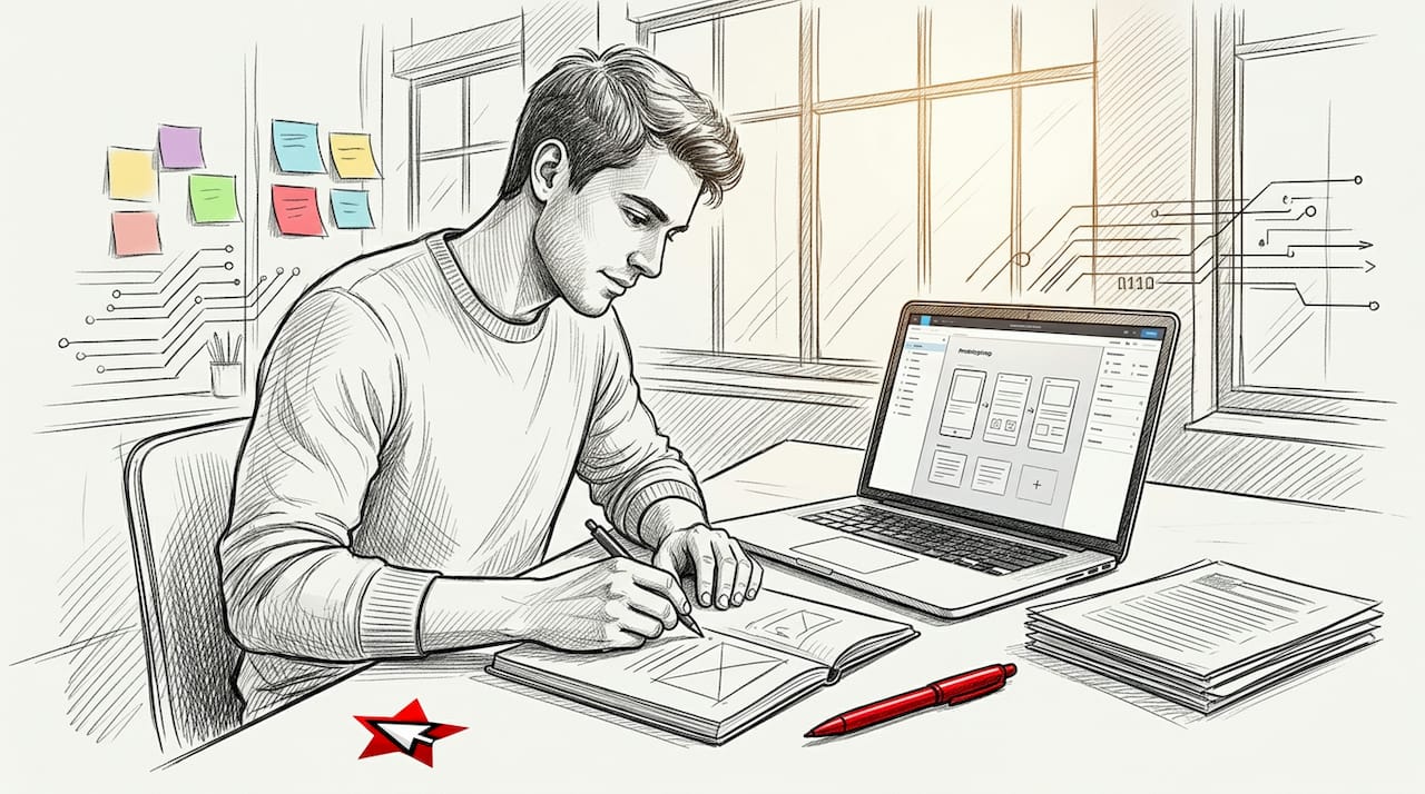 Projektant tworzy szkic wireframe’u, siedząc przy laptopie.
