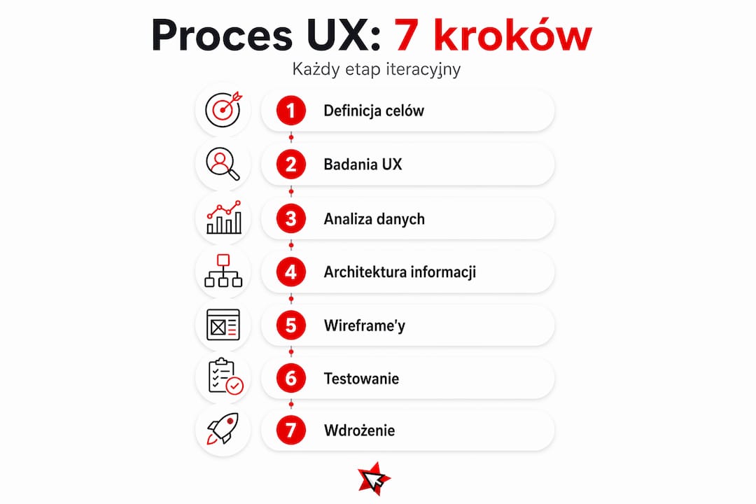 Infografika przedstawiająca siedem etapów projektowania doświadczeń użytkownika
