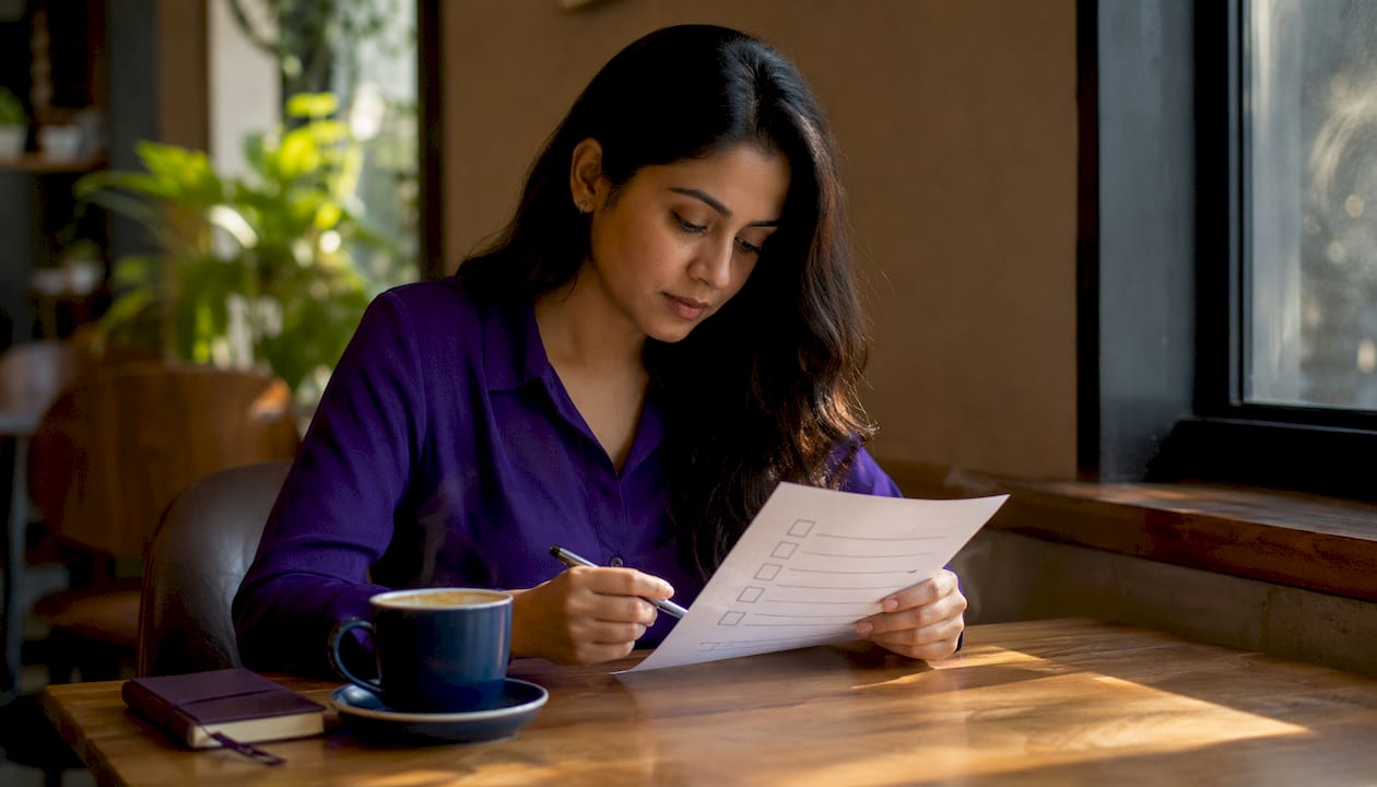 Woman reviewing bookkeeping setup checklist in coworking