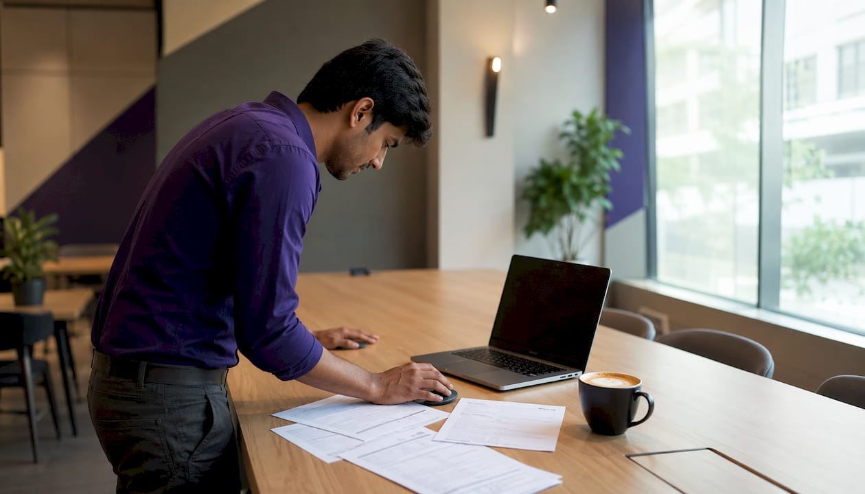 Hands working on invoice automation desk setup