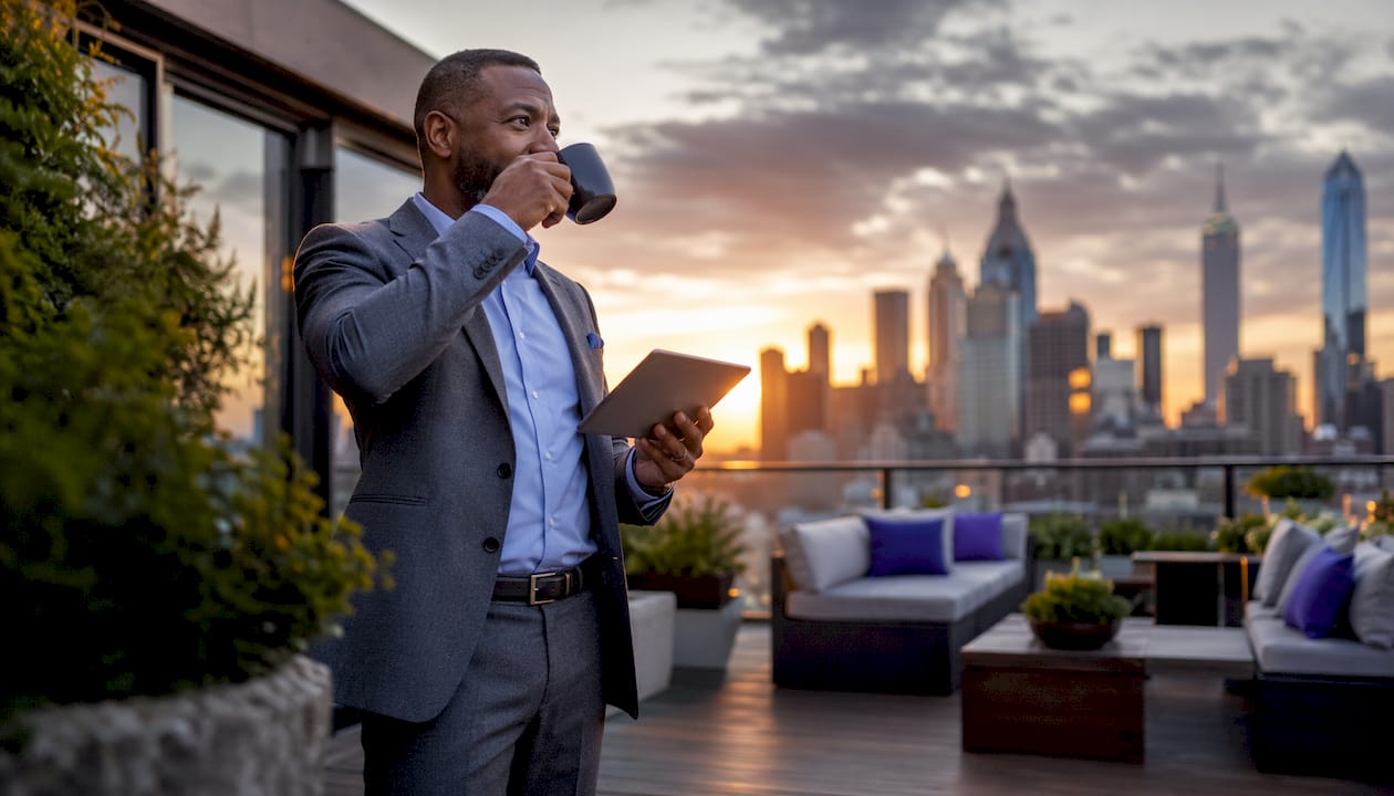 Finance leader in office lounge with city view