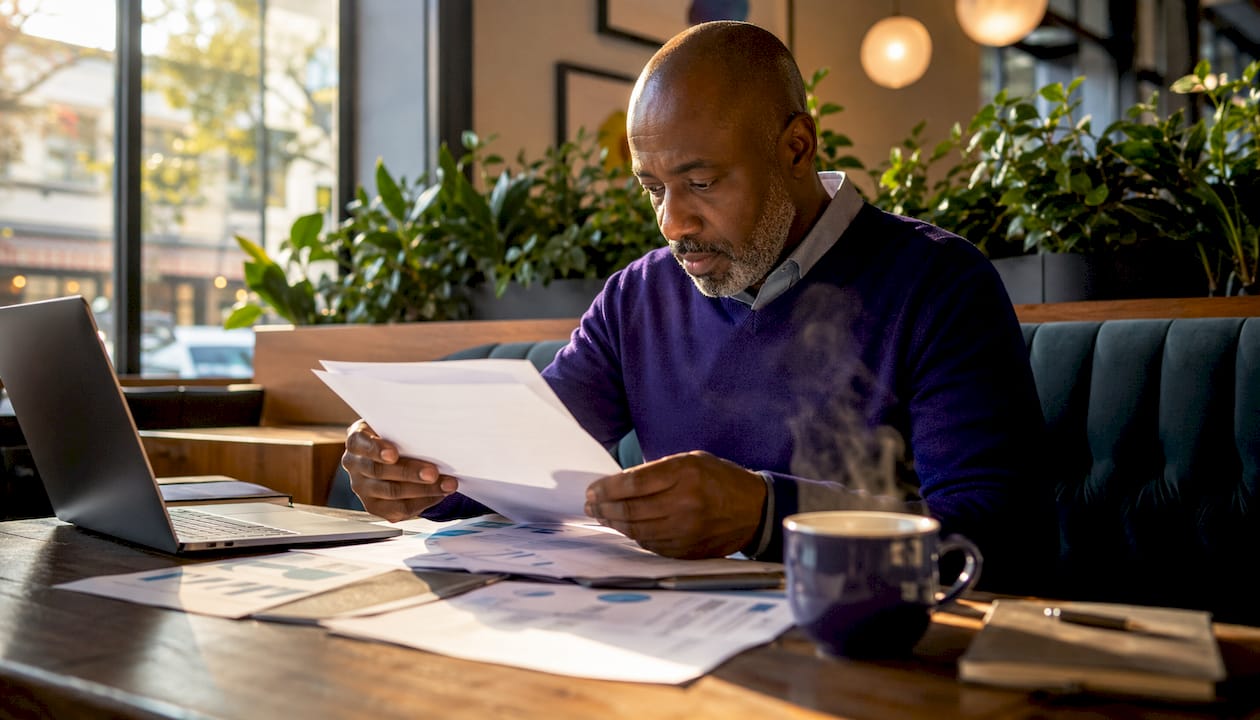 Finance professional reviewing invoices at desk