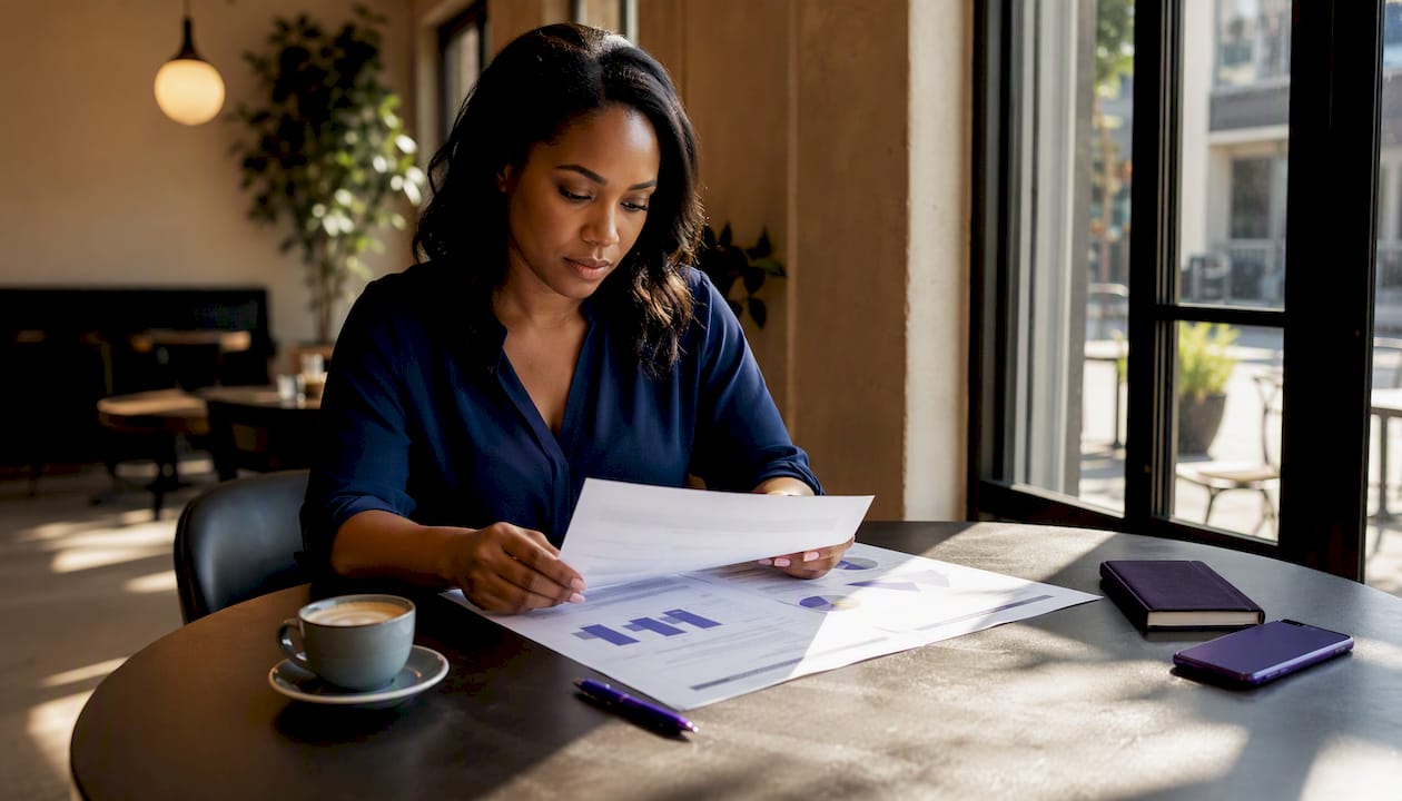 Finance professional reviewing expense software documents
