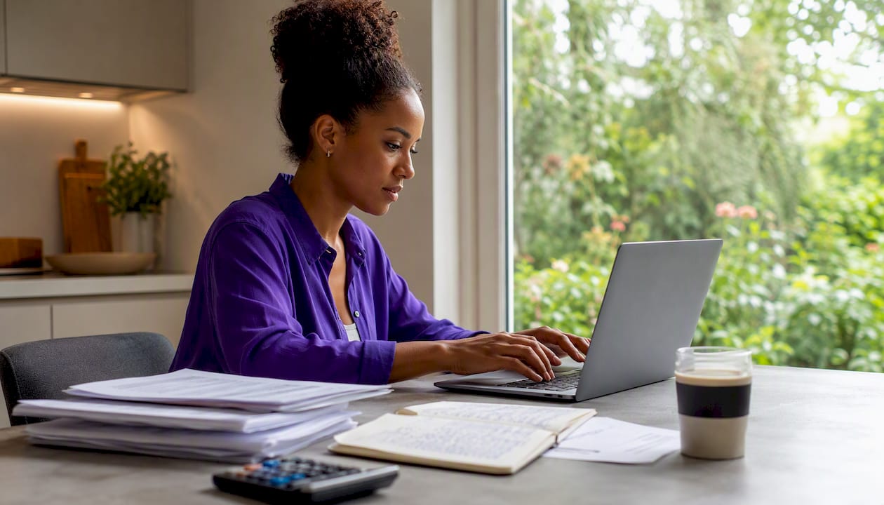 Finance professional processing invoices at desk