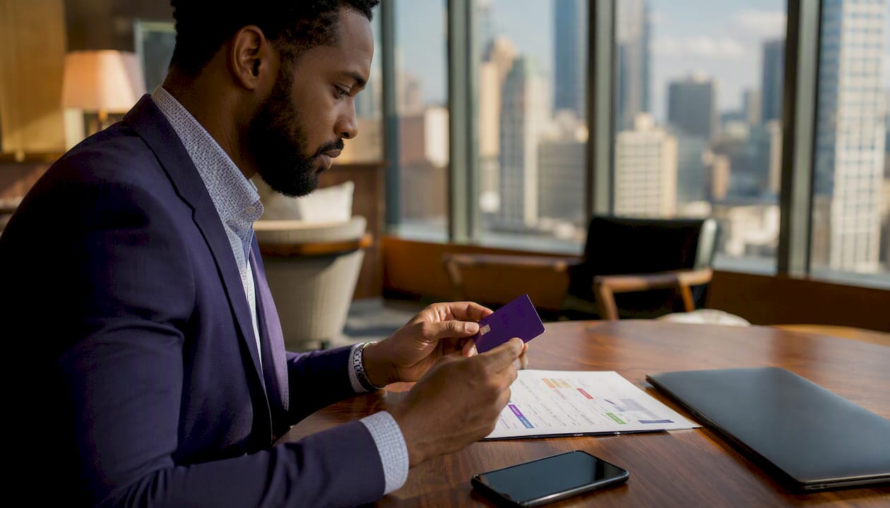 Hands using phone with payment options documents