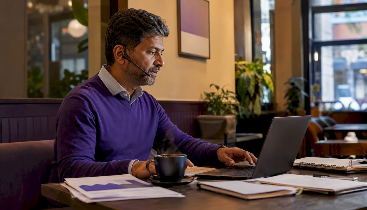 Finance professional on headset multitasking at desk