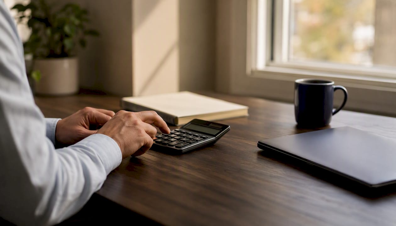 Hands using calculator at home office desk