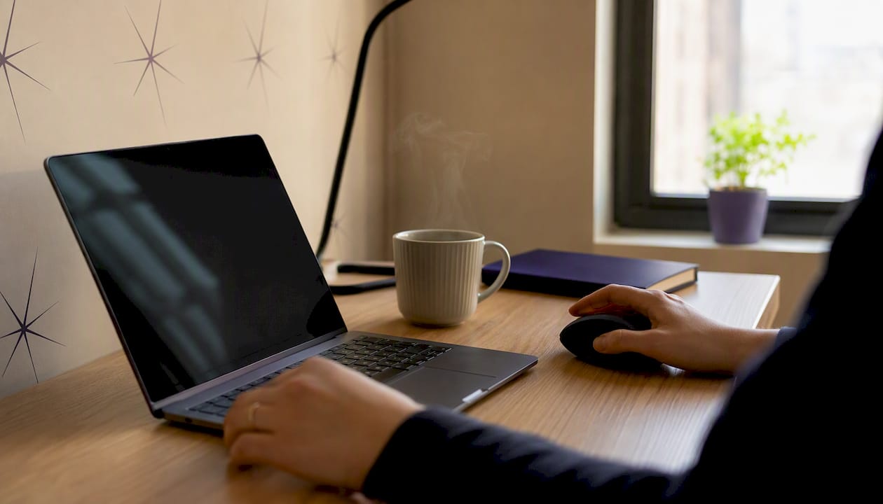 Hands using mouse near closed laptop on desk