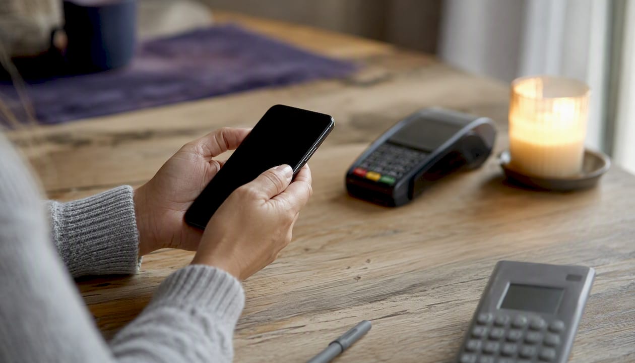 Hands holding smartphone over desk with finance tools