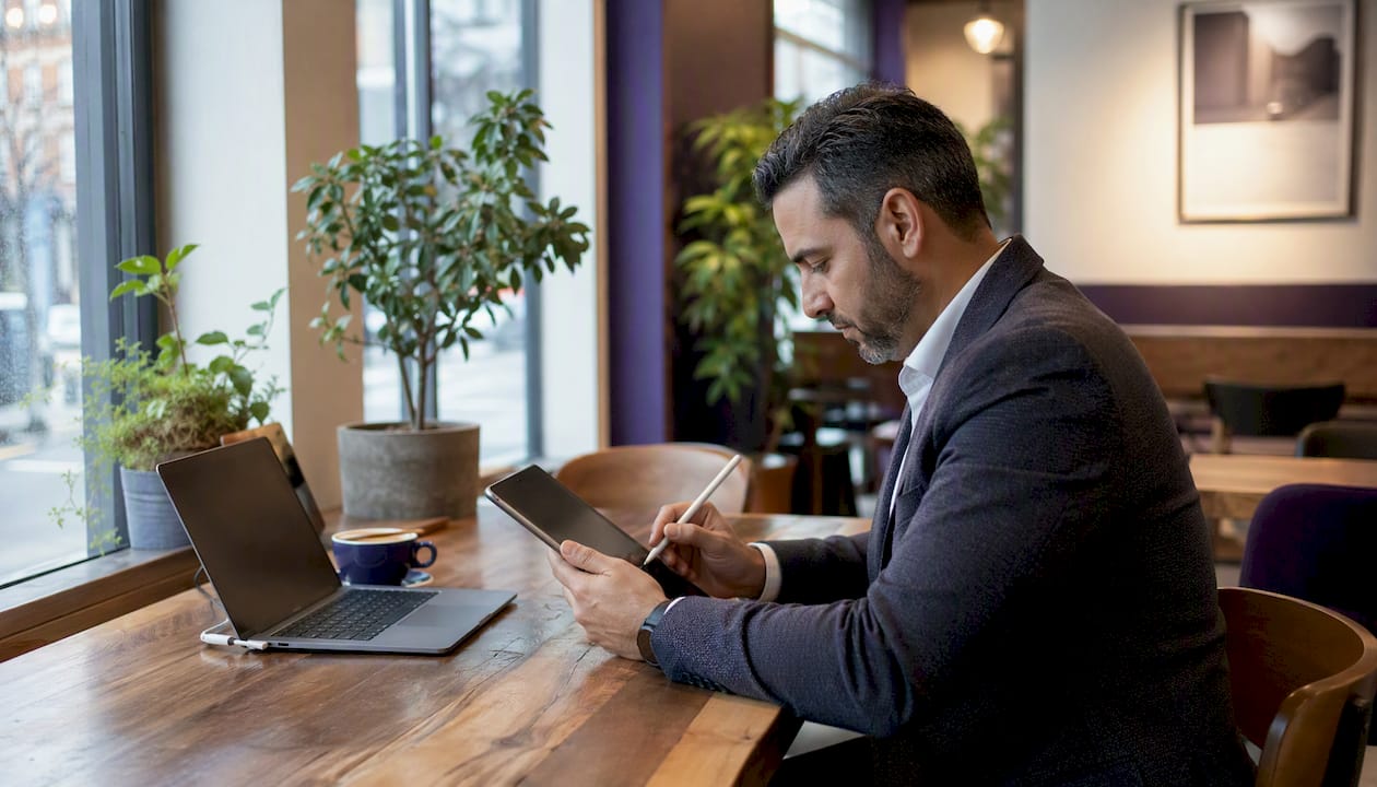 Hands entering cash flow data on tablet at business table