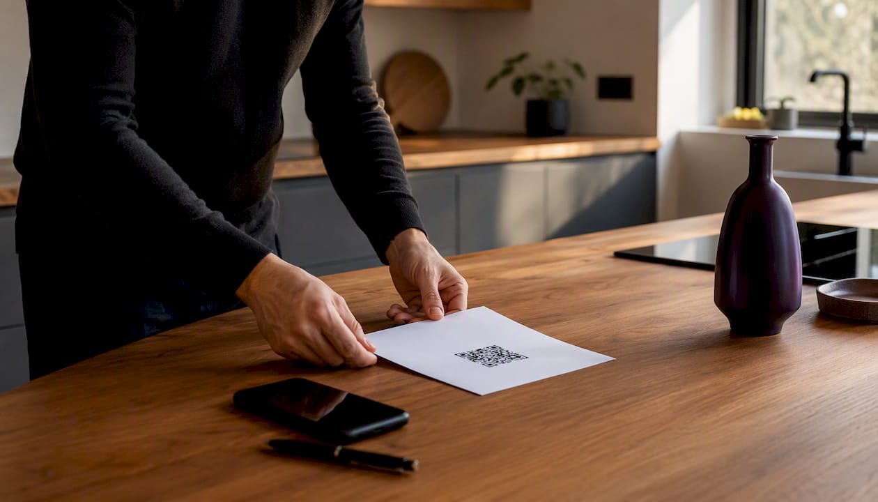 Hand placing invoice with QR code on desk