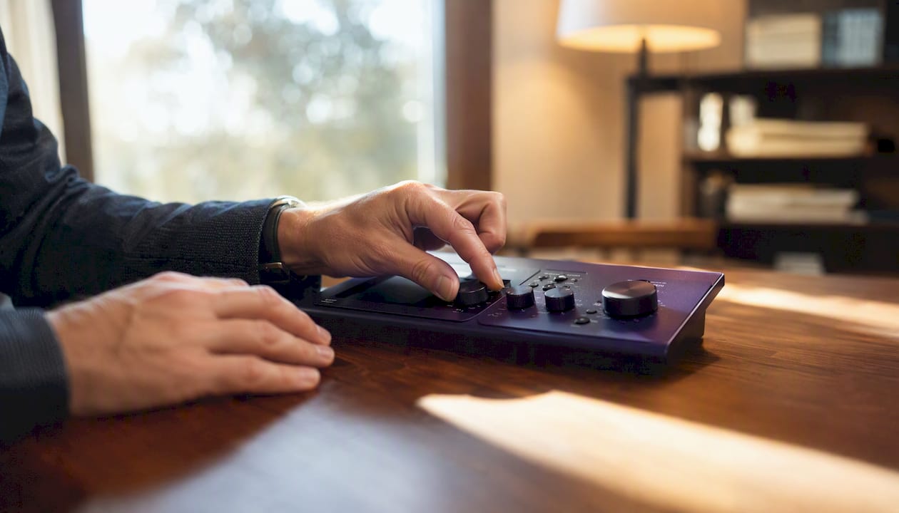 Hands adjusting calculator controls close-up