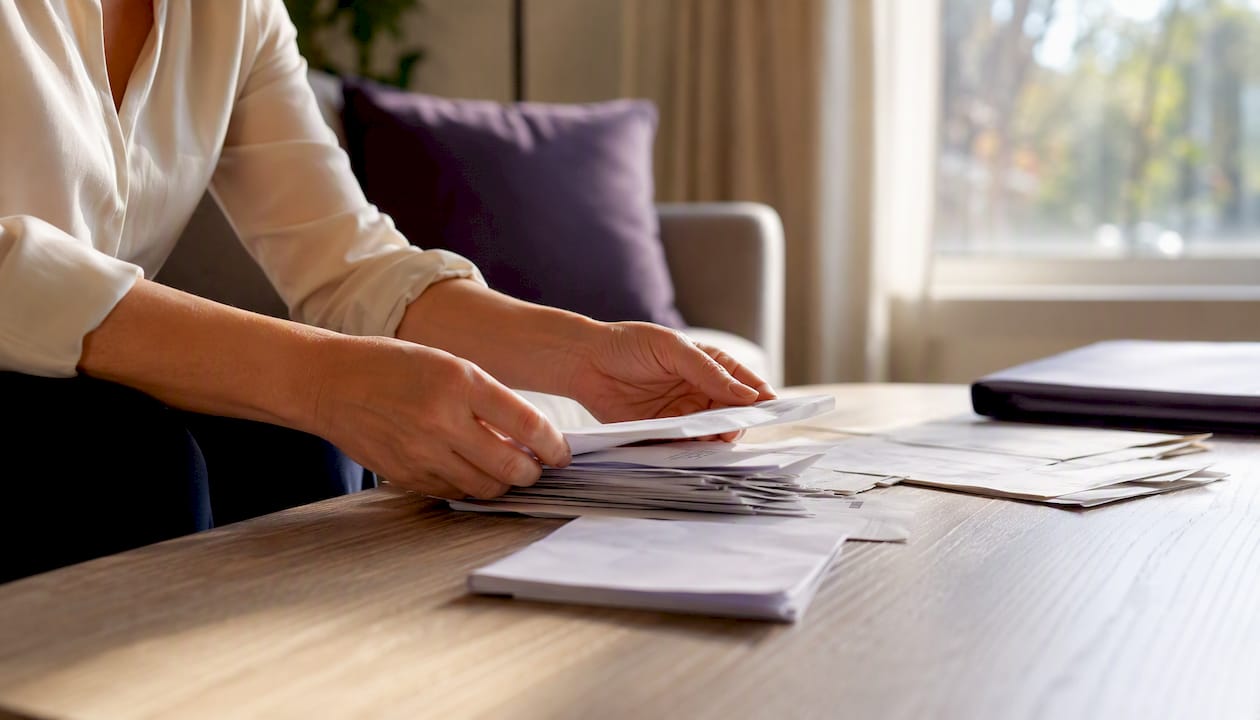 Hands sorting invoices on office desk