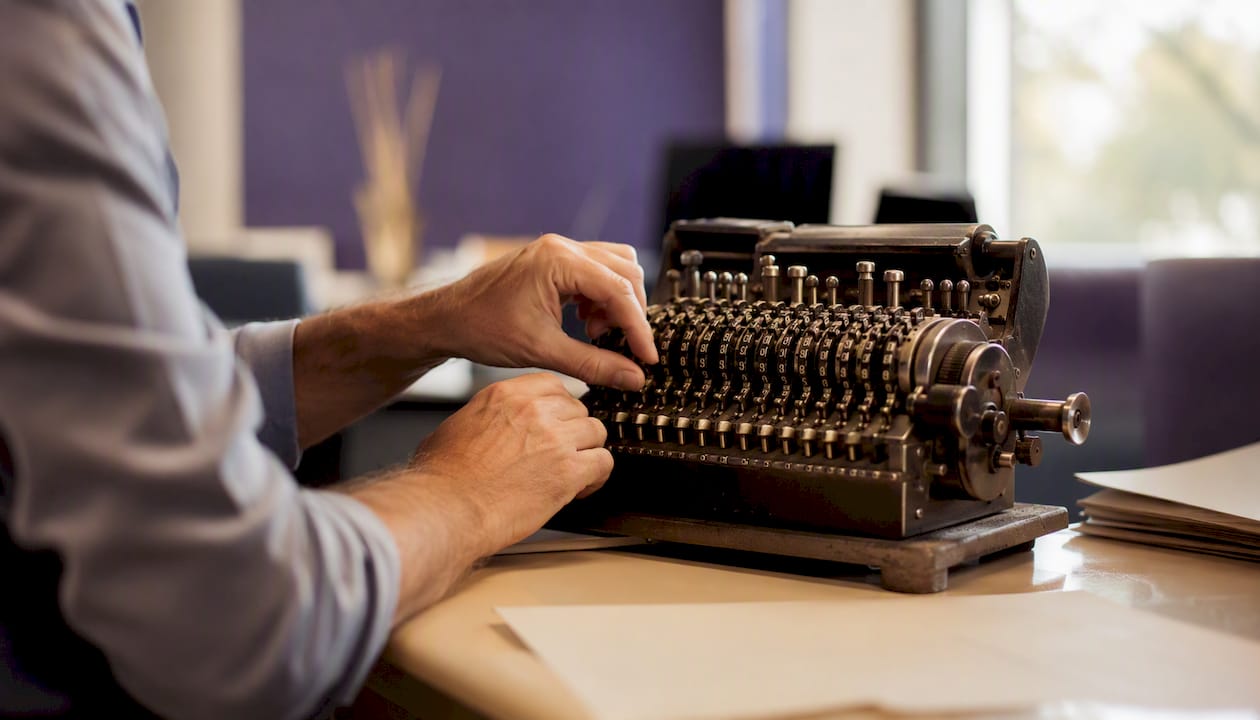 Hands adjusting calculator dials
