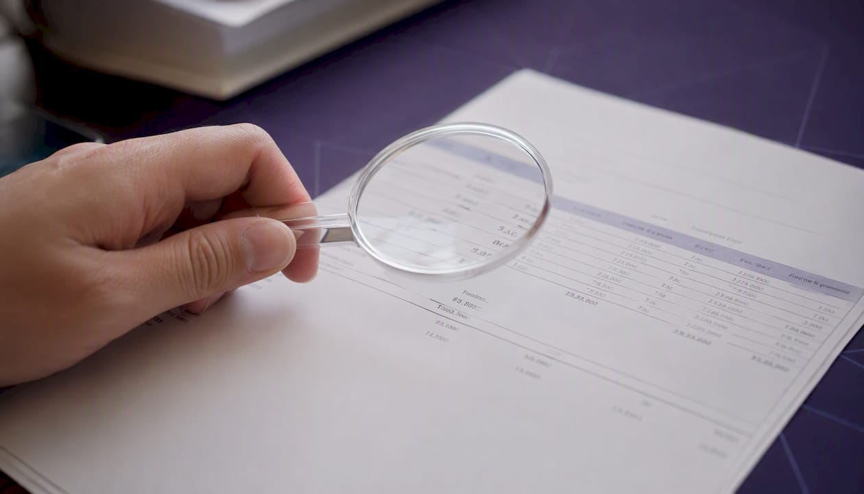 Hand inspecting invoice details with magnifier