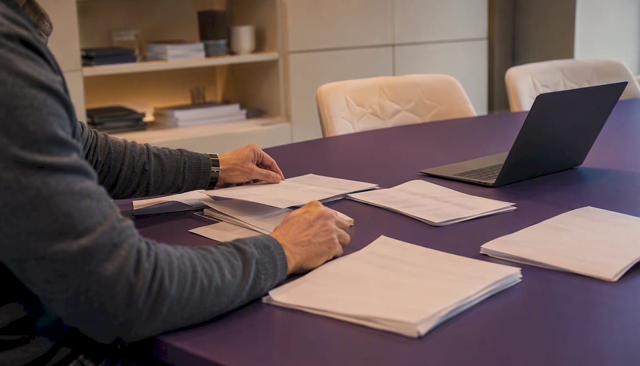 Hands sorting invoices beside smartphone