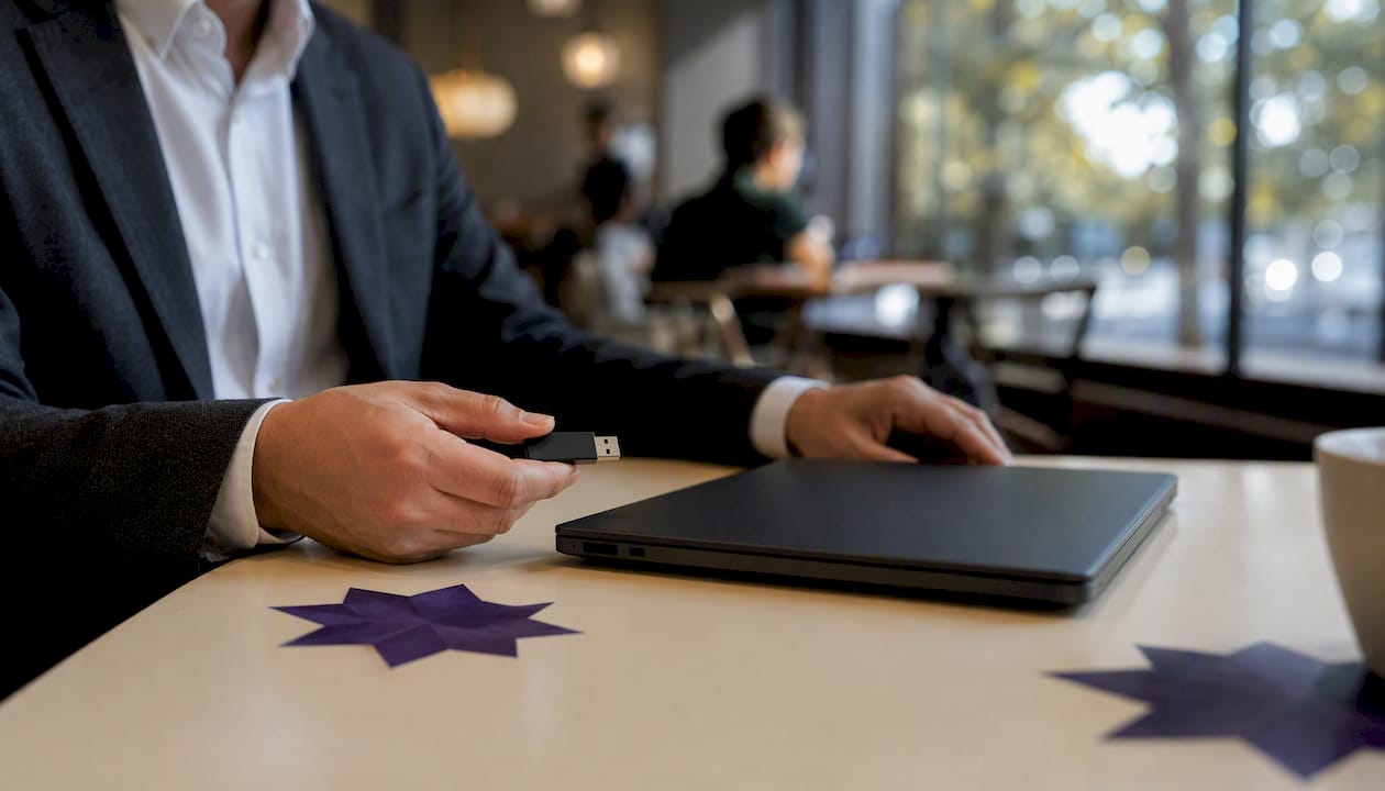 Hands holding USB drive near laptop