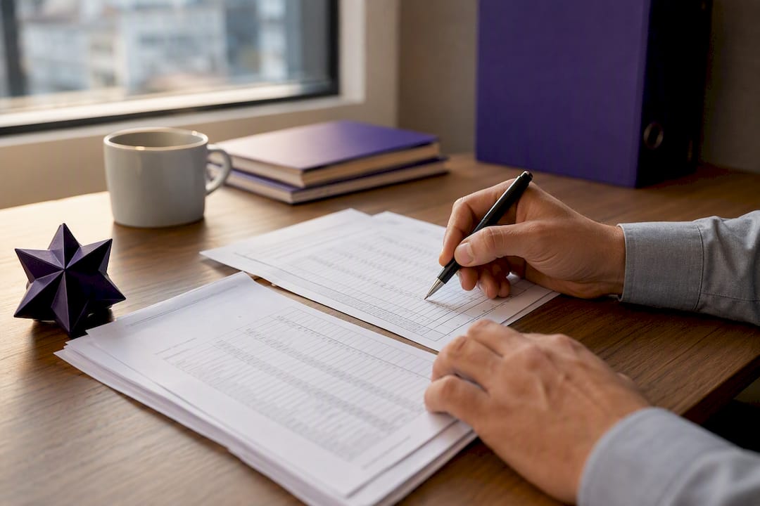 Hands reconciling bank statements on desk