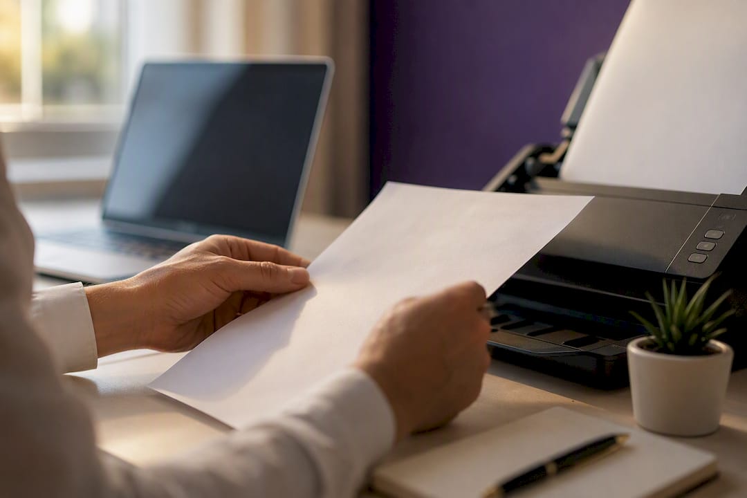 Hands scanning invoice in startup office