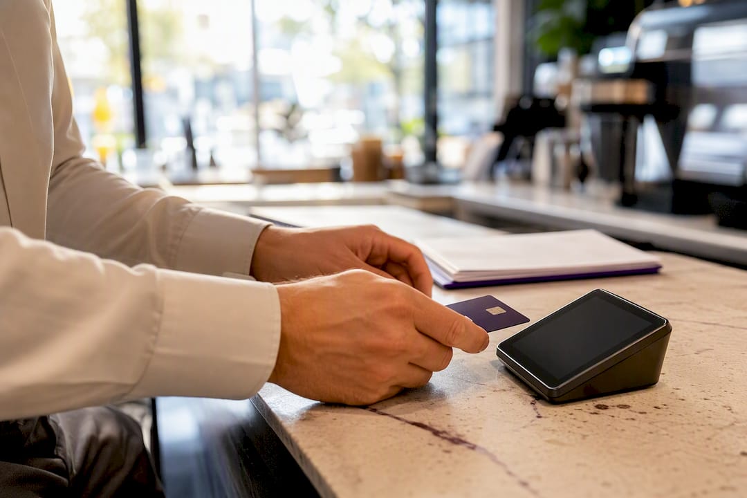 Hands holding corporate card near payment terminal