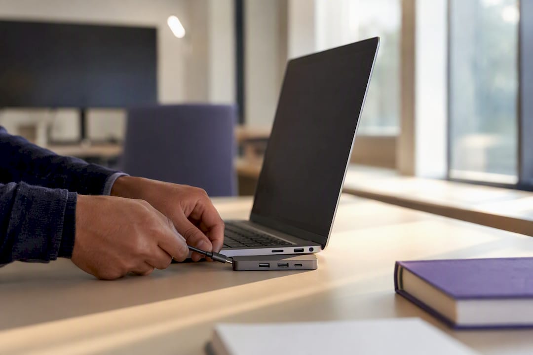 Hands connecting data devices on finance desk