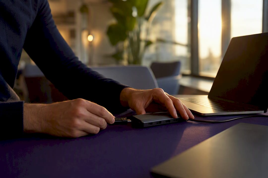 Hands inserting security token for data protection