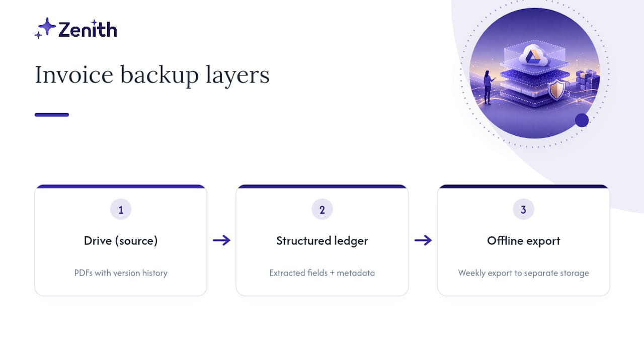 Three-layer backup strategy for invoice data