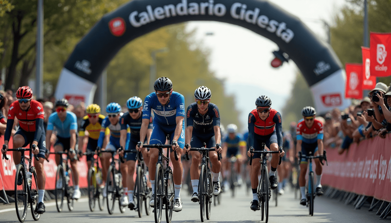 Grupo de ciclistas profesionales bajo arco de salida en carrera importante