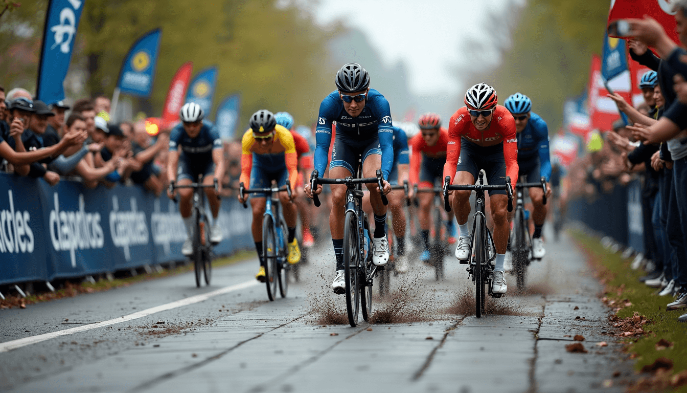 Ciclistas compitiendo en carretera de adoquines durante una clásica de primavera