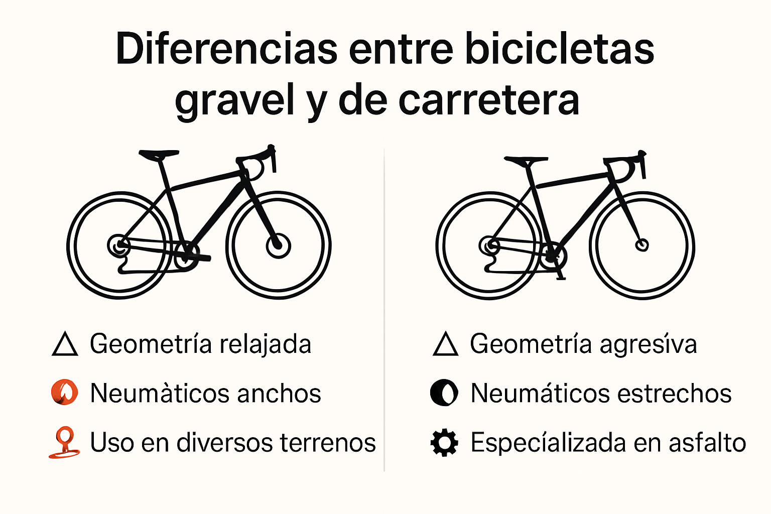 Infografía visual sobre diferencias clave entre bici gravel y carretera