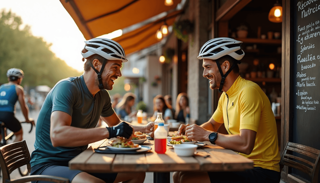 Cyclists enjoy recovery snacks at Spanish café terrace