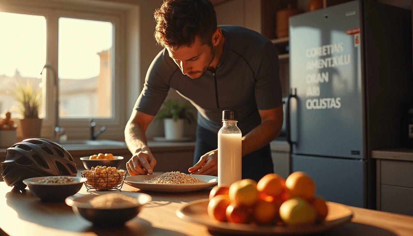 Cyclist prepares breakfast at dawn in Spanish kitchen