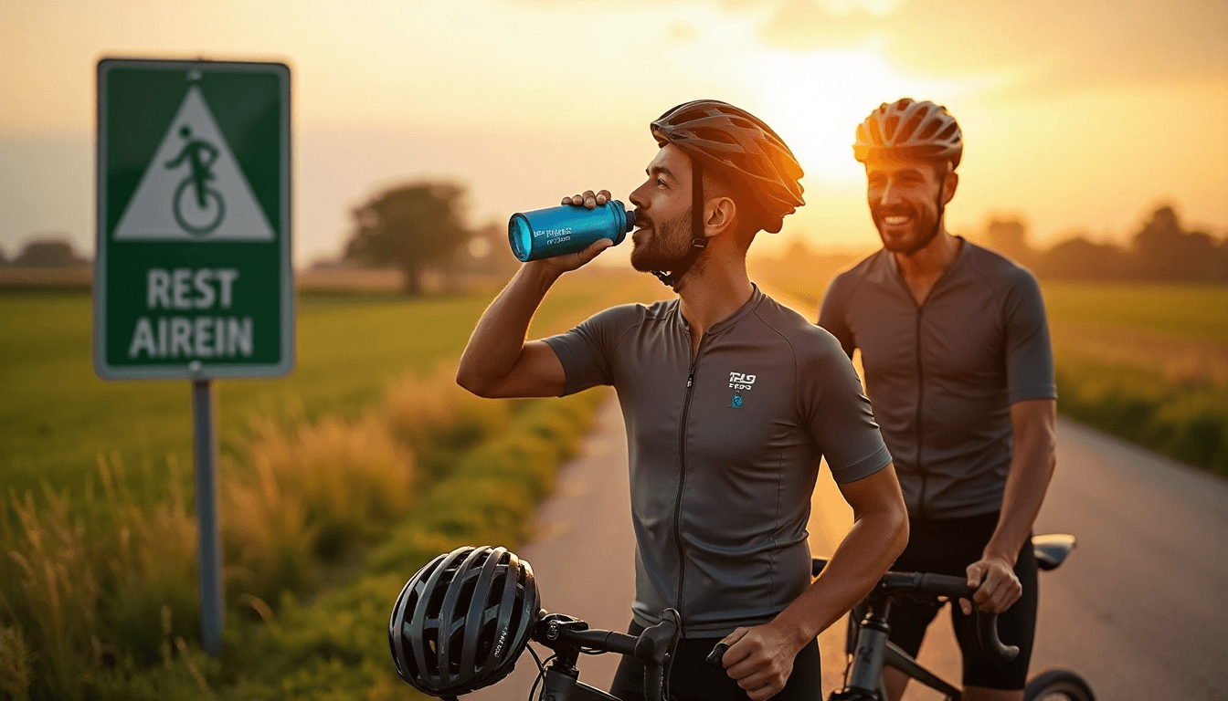 Ciclistas hidratándose en ruta al amanecer junto a señal con texto.