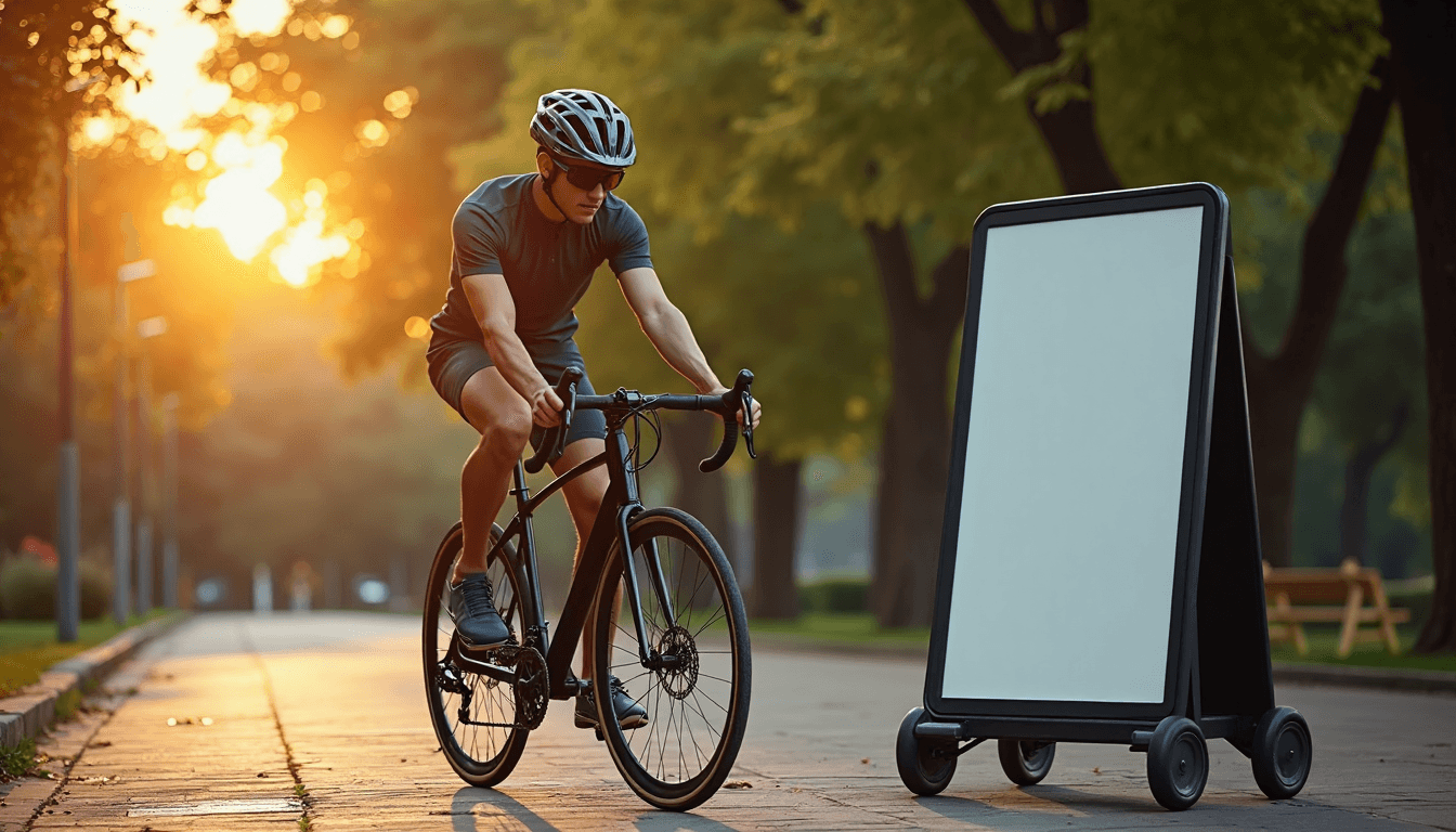Ciclista ajustando freno delantero con casco en un parque
