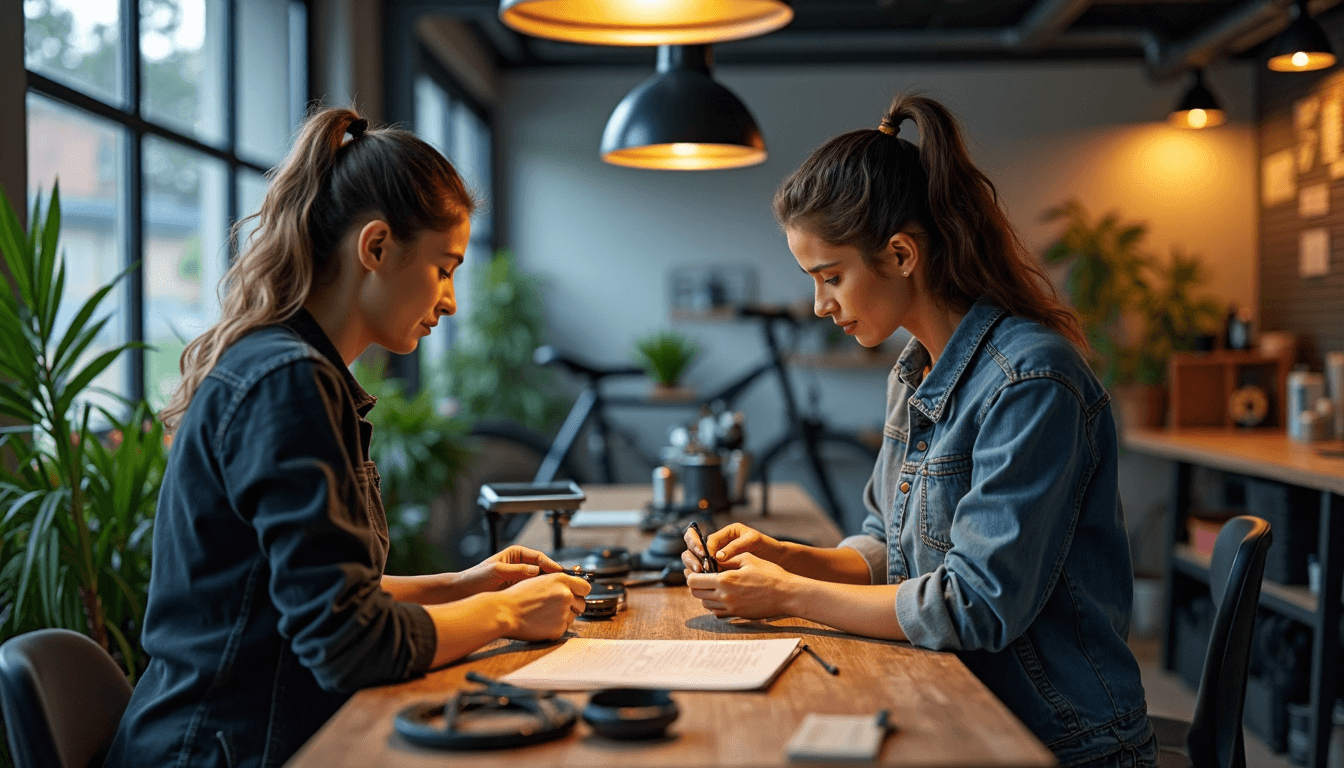 Personas ajustando frenos V-brake y disco en taller de bicicletas