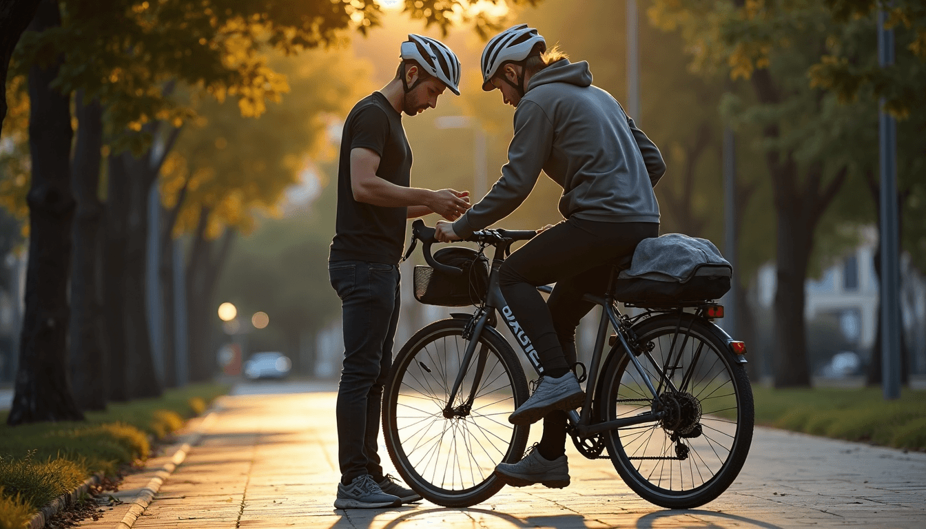Ciclista con bicicleta equipada y accesorios de seguridad en parque