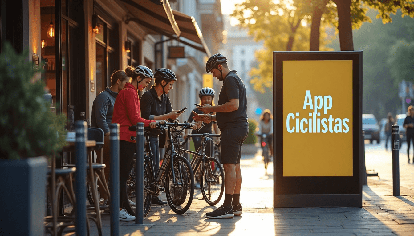 Cyclists gather outside cafe using cycling apps