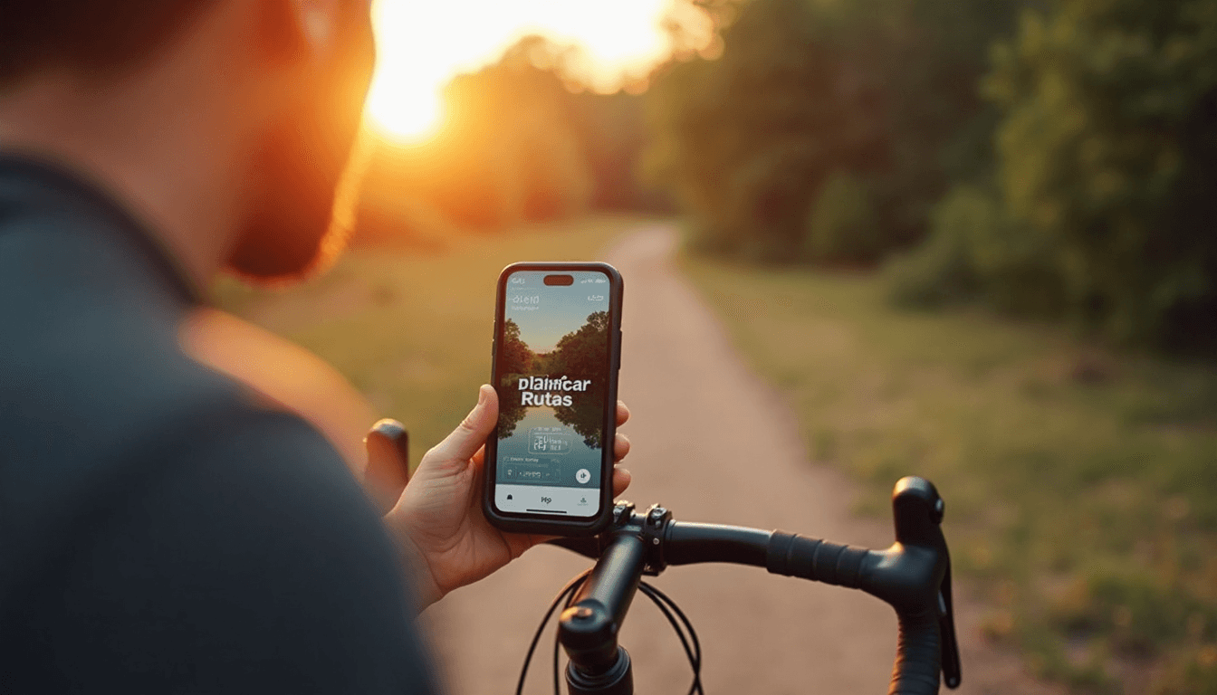 Cyclist checks smartphone route map in park
