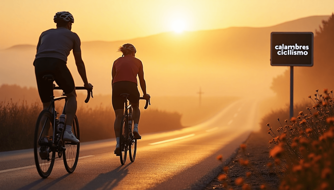 Two cyclists riding at sunrise past roadside sign warning about calambres ciclismo.