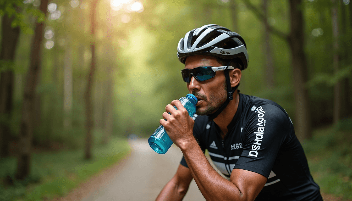 Cyclist pausing on sunny trail, hydrating and showing jersey text deshidratación.