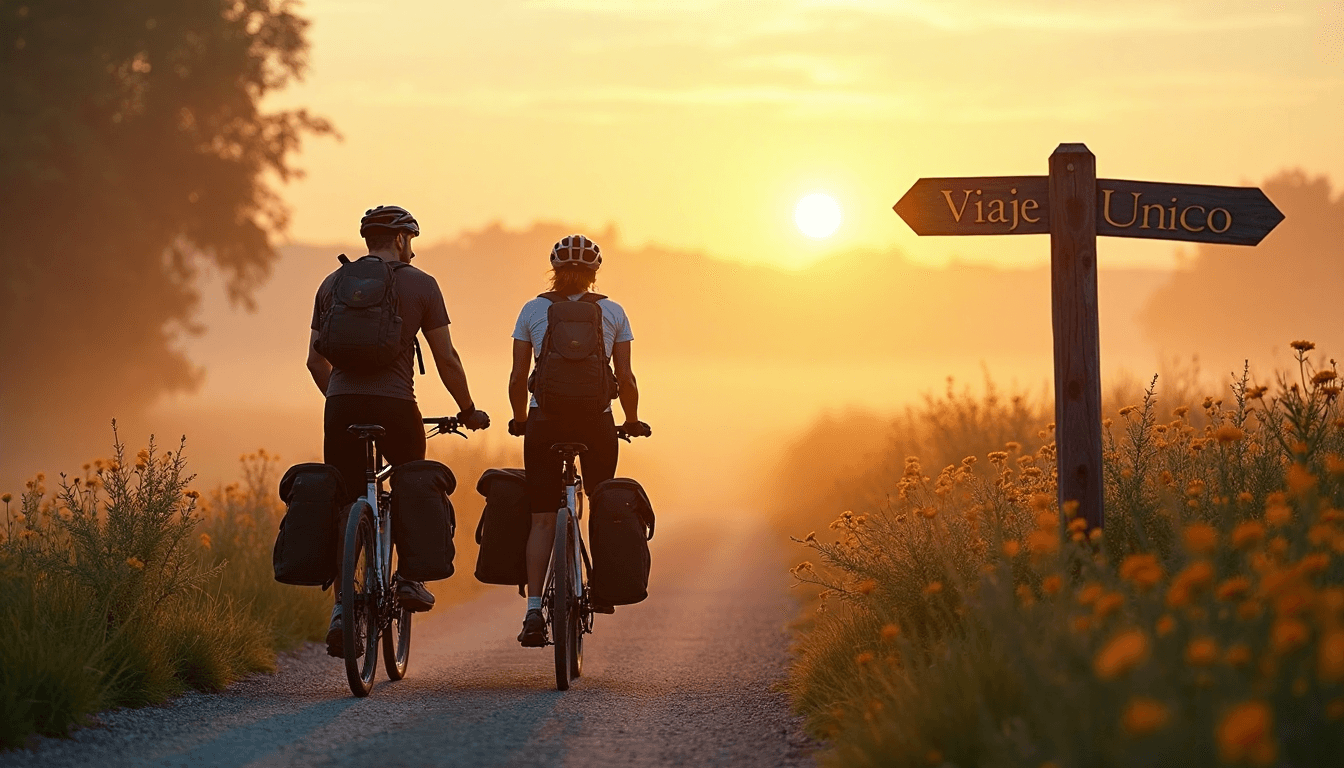 Two cyclists start a scenic bike tour at sunrise, trail sign reads 'Viaje único'