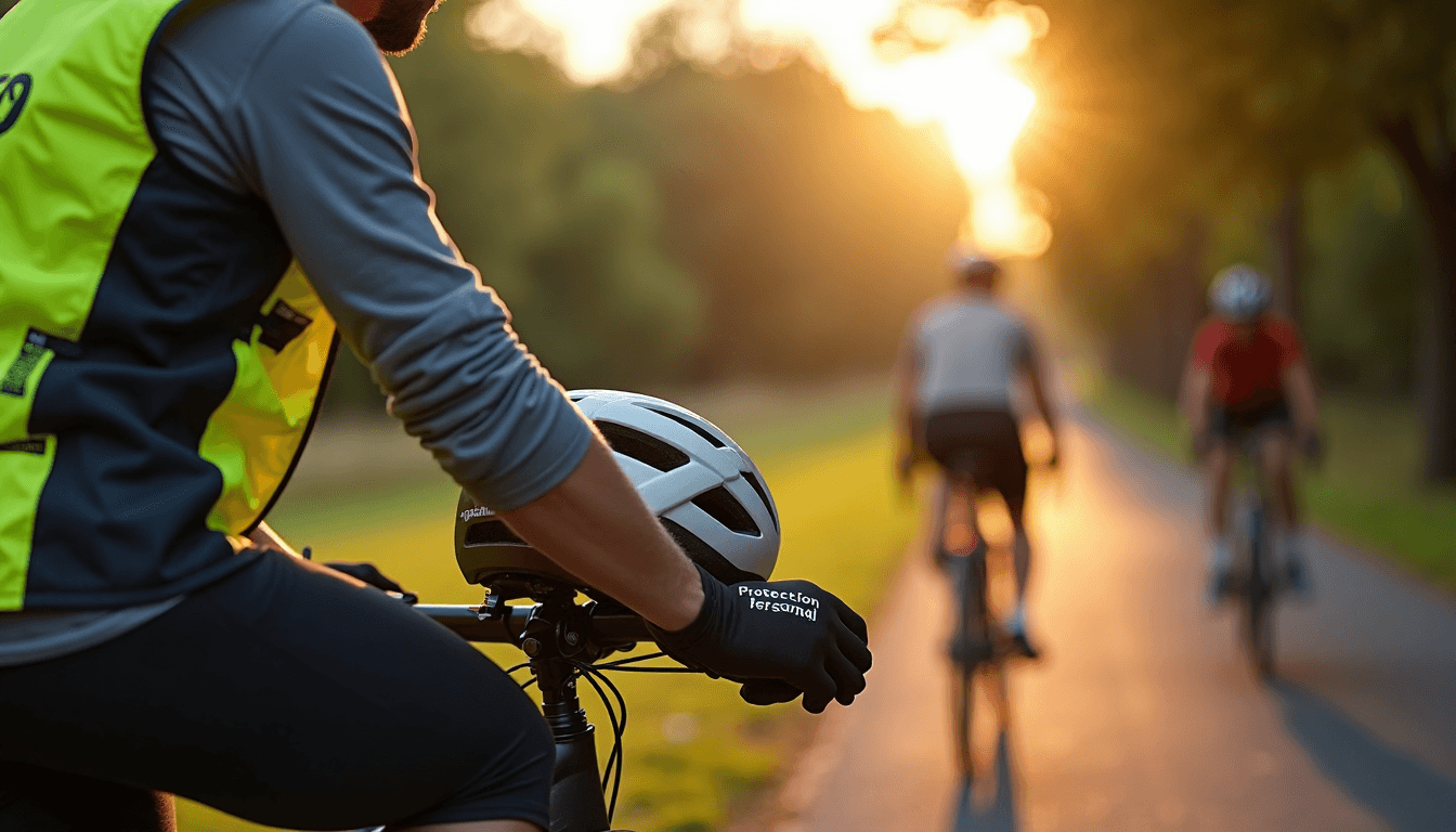 Cyclist adjusting helmet and reflective vest, focusing on safety equipment