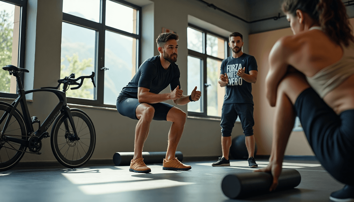 Cyclist strength training and stretching in gym emphasizing flexibility and recovery.