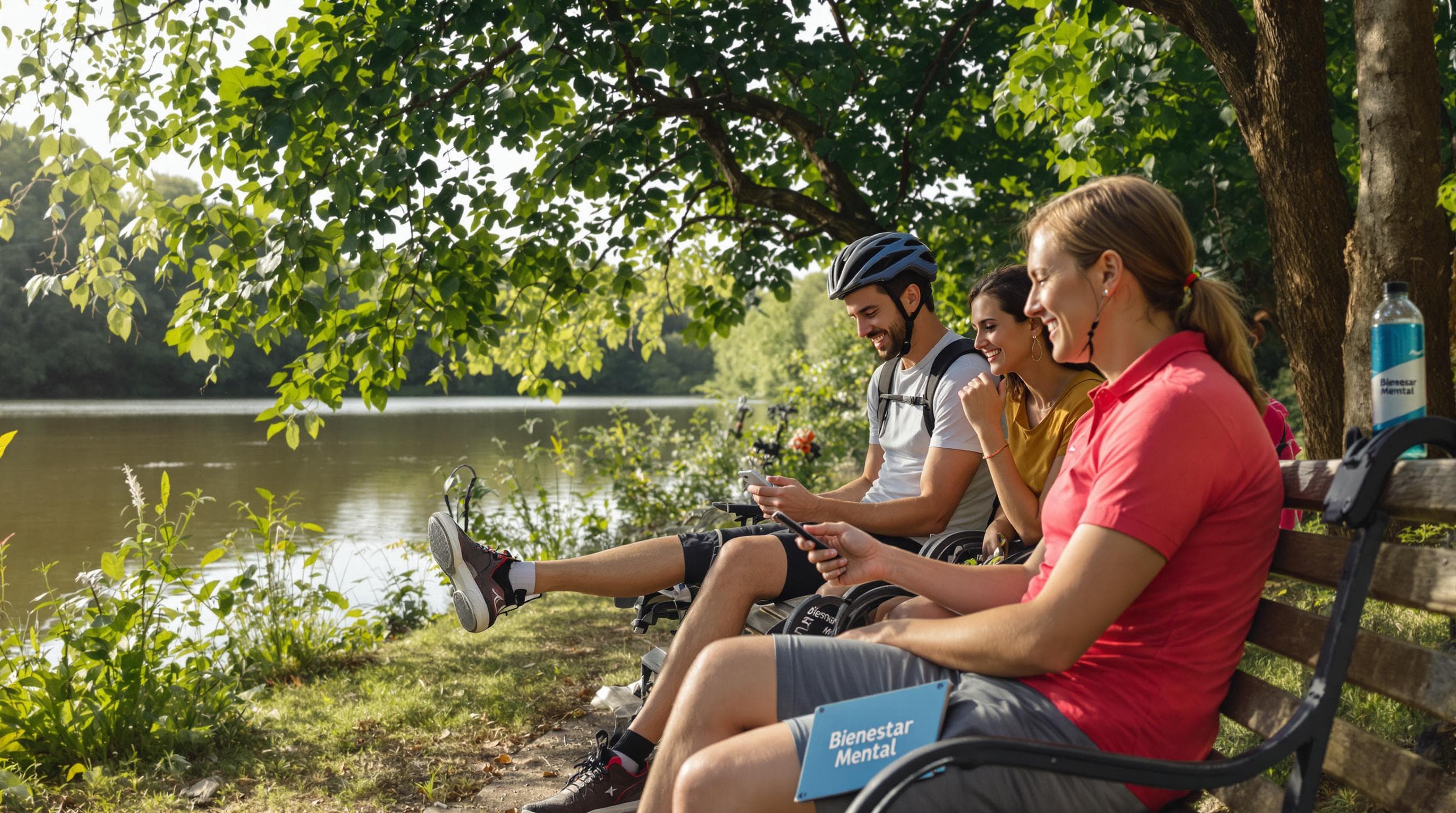 Cyclists resting together outdoors, water bottle says 'Bienestar Mental'