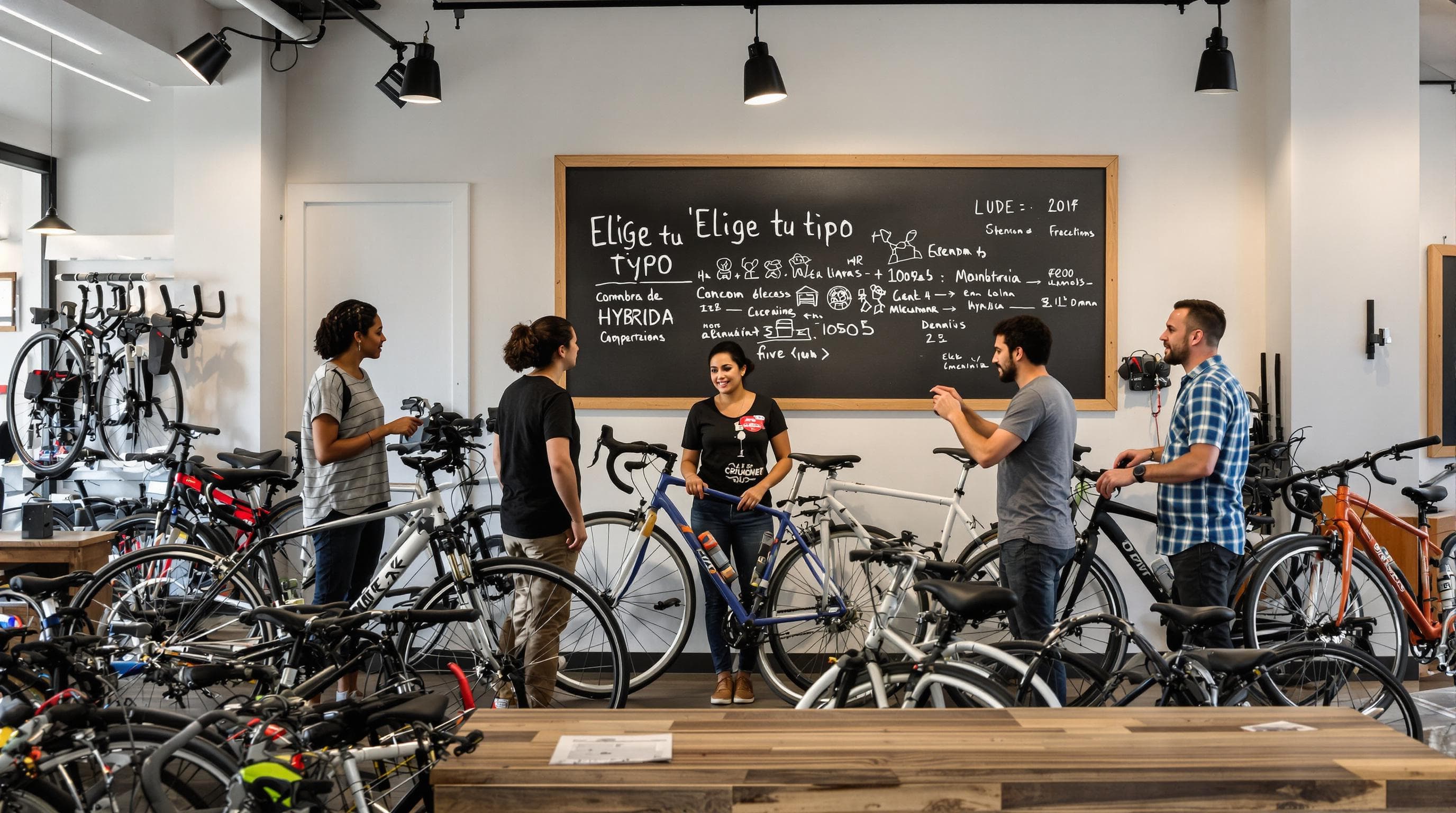 Customers and staff discuss road, mountain, and hybrid bikes in a shop