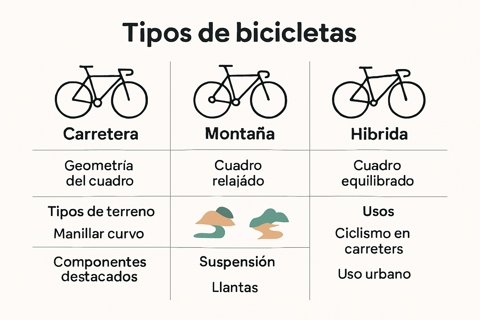 Comparación visual de tipos de bicicletas: carretera, montaña e híbrida