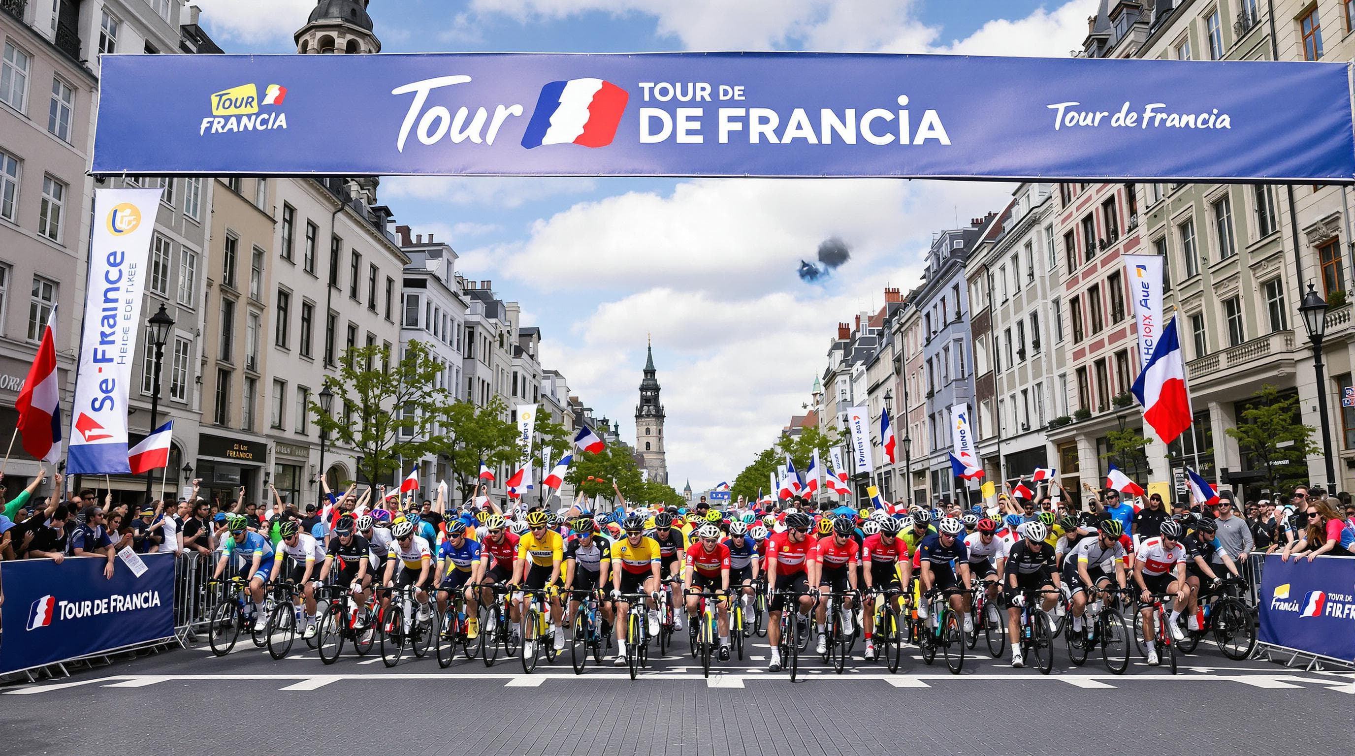 Cyclists lined up at Tour de Francia 2025 starting line with banners and crowds