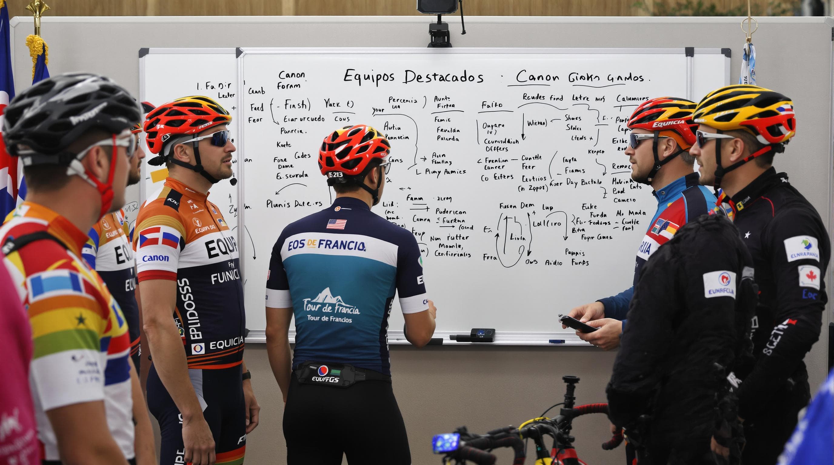 Cyclists and staff in strategy briefing with ‘Equipos Destacados’ written on board